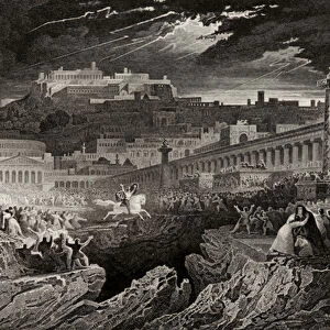 Marcus Curtius riding into the chasm, engraved by H. Le Keux (engraving)