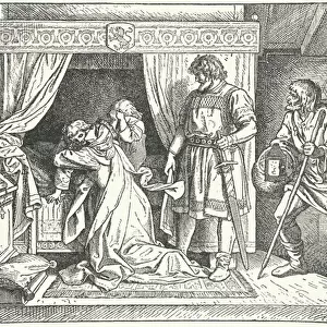Margaret of Sicily, daughter of the Holy Roman Emperor Frederick II, leaving her sons after discovering the adultery of her husband, Albert the Degenerate, Margrave of Meissen, 1270 (engraving)