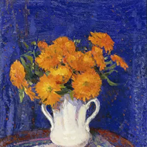 Marigolds in a White Vase, (oil on panel)