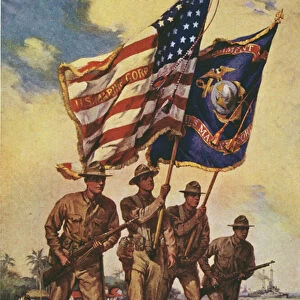 US Marines with flags (colour litho)