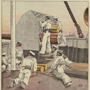 Marins japonais canonnant la flotte chinoise au Yalou (colour litho)