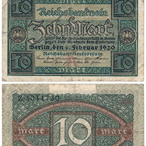 A ten mark banknote, 1920 (recto and verso) (colour litho)