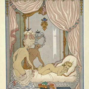 Marquise de Merteuils visit to Cecile de Volangess bedchamber, illustration from Les Liaisons Dangereuses by Pierre Choderlos de Laclos (1741-1803) pub. 1934 (pochoir print)
