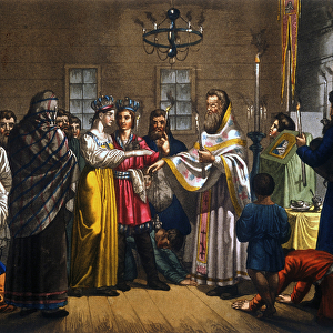 Marriage of Russian peasants celebrated according to the Orthodox rite, 19th century