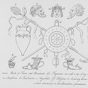 Masaks of Fawns and Bacchante, Thyrsuses, one with a top of ivy leaves the other with a pine cone, Amphorae, Tambourin, Cymbals, Rhytons or drinking horns, Patera, the Jynx, a bird introduced in Bacchanalian processions (engraving)