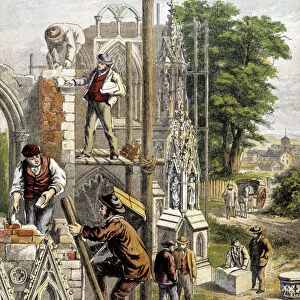 Masons on the construction site of a cathedral - in "