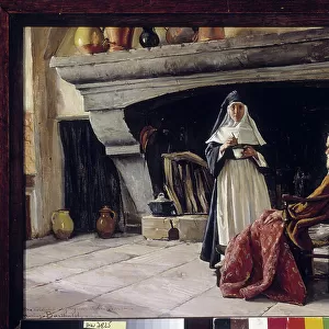 The meal of the sick old man: a nun attends an old man. Painting by Marius Barthalot (1861-1933), 19th century. Private collection, Marseille