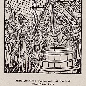 Medieval couple sharing a bath (woodcut)
