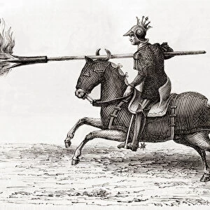 A medieval knight carrying a fire lance, or fire spear, one of the first gunpowder