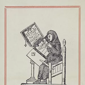 Medieval scribe working on a manuscript, book ownership label (colour litho)