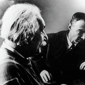 Meeting of Albert Einstein and Robert Oppenheimer at the Institute for Advanced Study in Princetown, USA, 1947 (b/w photo)