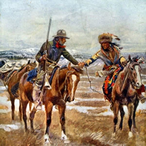 The meeting of American and Native American men shaking hands on horseback