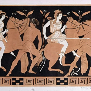 Men in combat with Amazons mounted on horseback, after an antique Greek vase