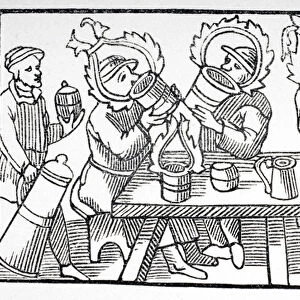 Men drinking, illustration from Historia de Gentibus Septentrionalibus by Olaus Magnus