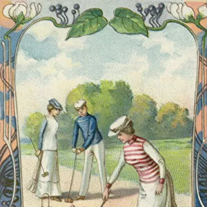 Men and women playing croquet (chromolitho)