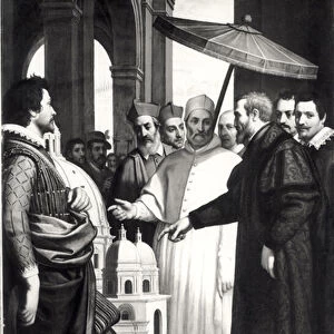 Michelangelo (1475-1564) presenting a model of the dome of St. Peters to Pope Paul IV (1476-1559) (oil on canvas) (b / w photo)