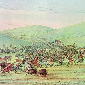 Minatarees attacking buffalo on horseback (colour litho)