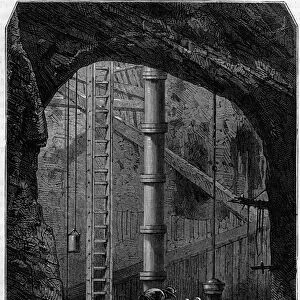 Miners inside a tin mine in Cornwall, England. Engraving in the journal "