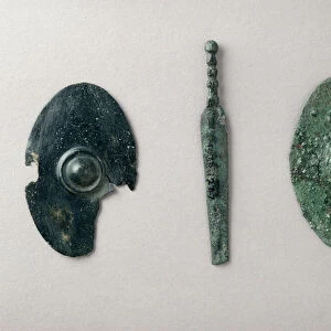 Miniature models of weapons: L-R: shield, from Leafield
