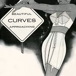 Model in Bra and Girdle Posing with Beautiful Curves Approaching Sign