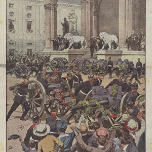 Modern war trophies, French guns conquered by the Germans and triumphantly conducted... (colour litho)