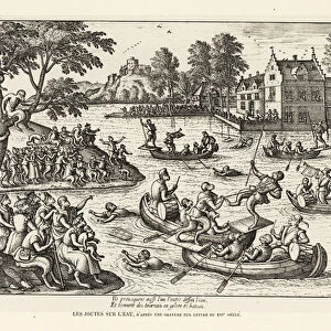 Monkeys on boats competing in a water joust, 16th century. 1906 (lithograph)