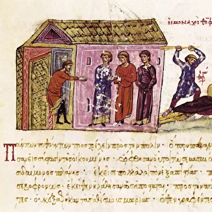 The monks Saint Theophanes the Confessor (c. 759-818) and Saint Theodore the Studite (759-826) whipped on the order of Emperor Theophile, miniature from "Synopsis historiarum", c. 1126-1150, 12th century (illuminated manuscript)