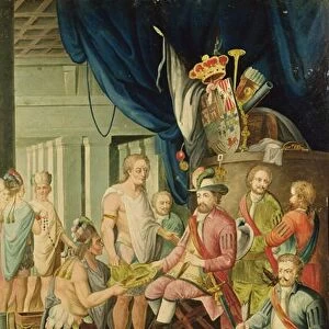 Montezuma Declares his Allegiance to the King of Spain before Cortes (oil on canvas)