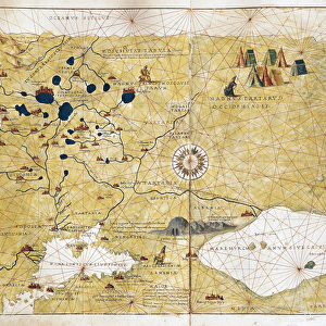 Moschoviae Tabula, map of Russia and European cities along the Volga River