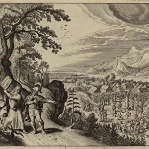 Moses, angered by his people worshipping the golden calf, breaking the tablets of stone (engraving)