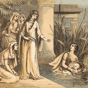 Moses in the Bulrushes (coloured engraving)