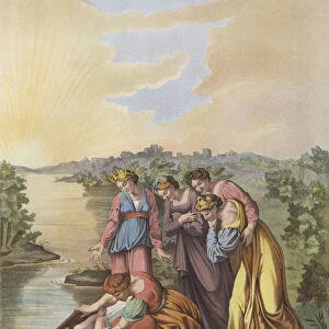 Moses is rescued from the waters of the Nile (colour litho)