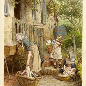 Mother and Children hanging out the Washing, pub. 1854 (colour lithograph)