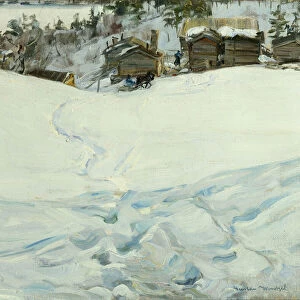 Mountain farm in winter landscape (oil on canvas)