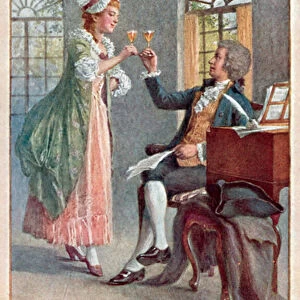 Mozart working on his opera The Magic Flute at the theatre in the Wieden district of Vienna (colour litho)