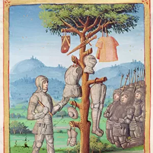 Ms 493 fol. 193v Aeneas hangs the armour of Mezentius from an oak tree