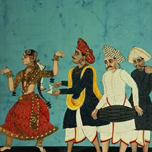 Three musicians and a dancing girl, Tanjore, Tamil Nadu, c. 1850 (gouache on paper)