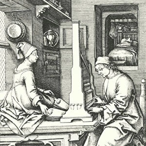 Musicians playing an organ in a country house in the 15th century (engraving)