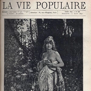 A naked young woman, standing and decoiffee, covering her body with a blanket
