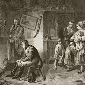 Napoleon seeks rest in a roadside cottage after his defeat at Waterloo, engraved by J. D