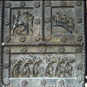 The Nativite, the Magi Kings and Six Prophetes Detail. Low relief on bronze by Bonanno Pisano (12th century). 1180. Porte San Ranieri, Cathedrale (Duomo) of Pisa