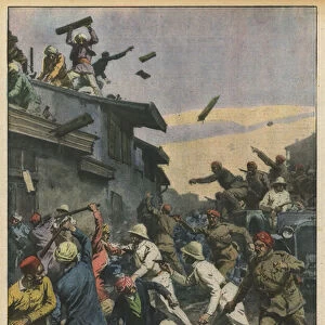 Near Calcutta, two hundred players caught by the police in a gambling den, violently rebelled (colour litho)