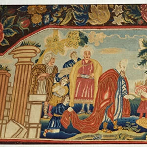 A needlework sofa seat finely worked in a tent stitch depicting the Adoration of the Magi