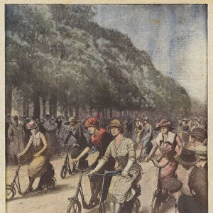 A new genre of sport, A group of Parisian actresses try, in Saint Cloud, in a race... (colour litho)