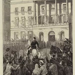 The New King of Spain, Alphonso XII entering the Hotel de Ville, Barcelona (engraving)