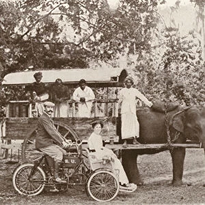 New and old styles, tri-car and elephant waggon in Ceylon (b / w photo)