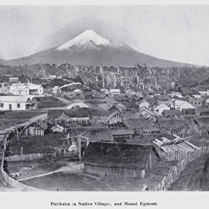 New Plymouth, New Zealand: Parihaka, a Native Village, and Mount Egmont (b / w photo)