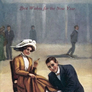 New Years card with roller skaters (colour litho)