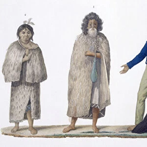 New Zealand natives in indigenous and Western dress, 1826 (colour litho)