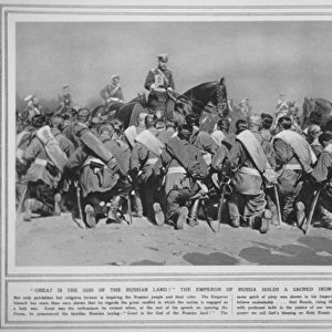 Nicholas II holds an icon before his kneeling troops, from the